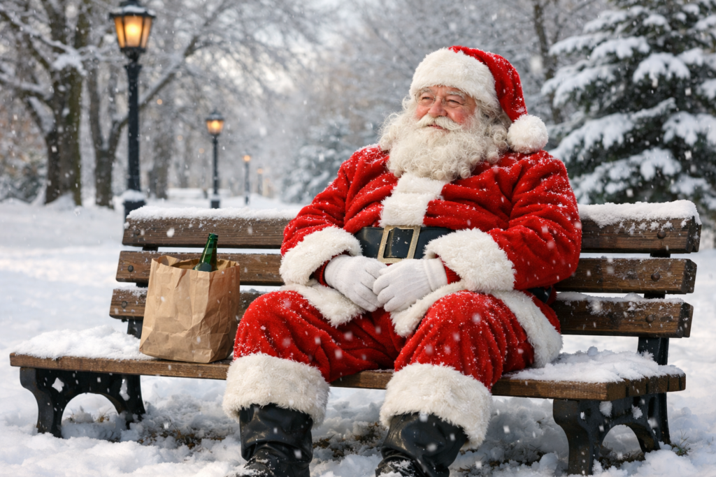 Santa claus sentado en un parque nevado con una bolsa de papel al lado conteniendo una botella