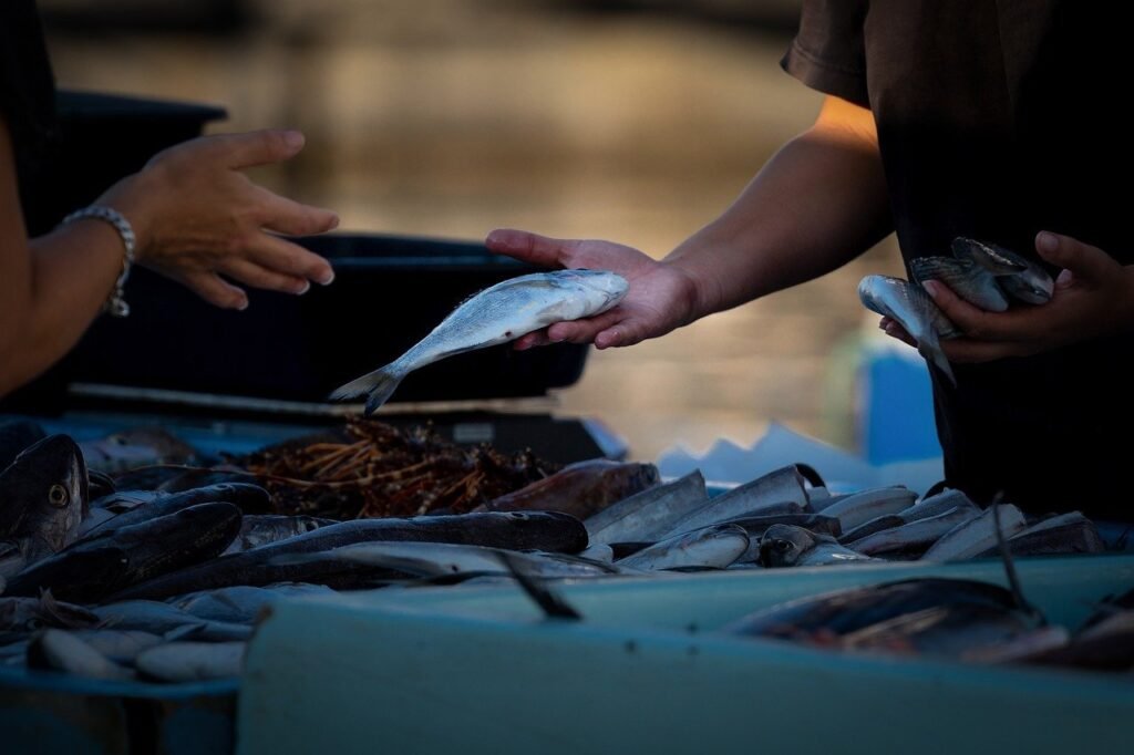 Una pescadería primer plano de las manos del pescadero mostrando un pescado a un cliente