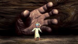 Un niño pequeño en pijama y detrás una mano gigante que amenaza cogerlo