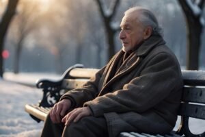 Hombre mayor sentado en el banco de un parque en invierno