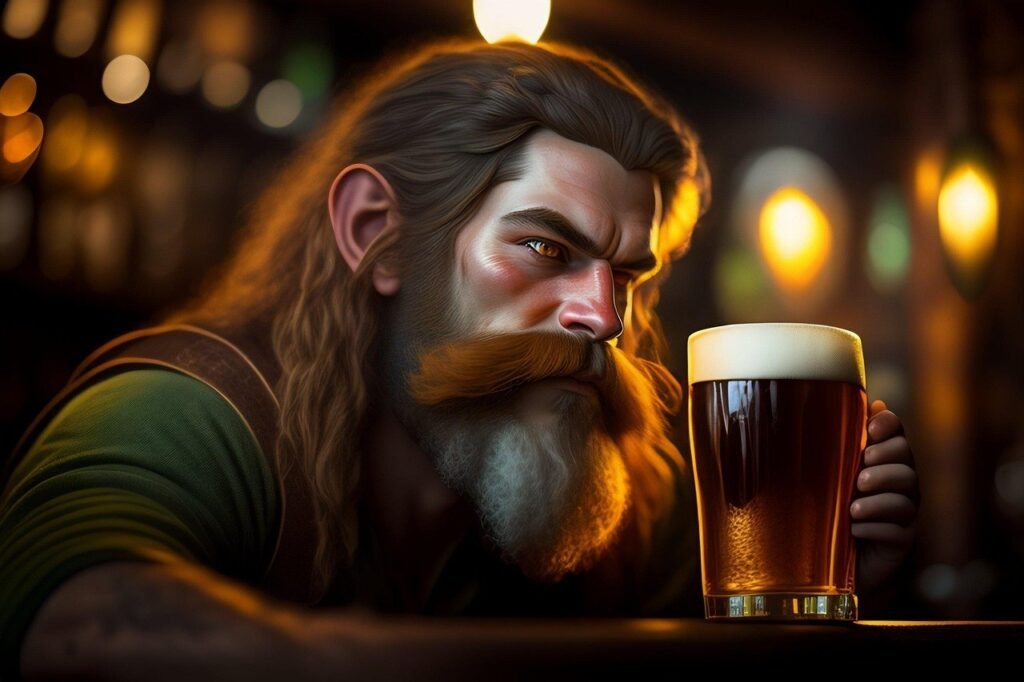 Un hombre barbudo frente a una jarra de cerveza en un bar