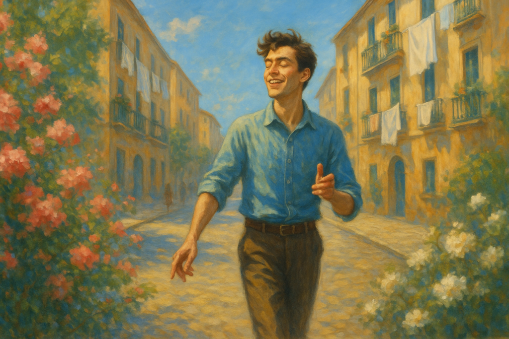 Un hombre caminando por una calle en primavera, dibujo en color