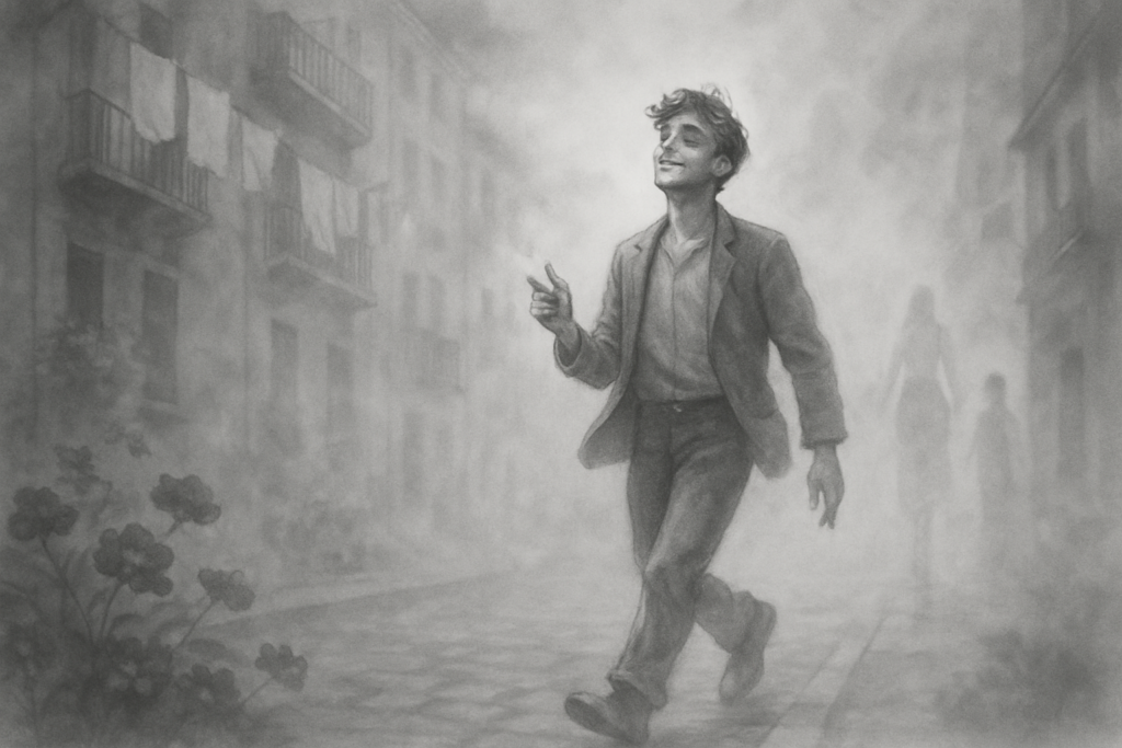 Dibujo blanco y negro un hombre caminando por una calle