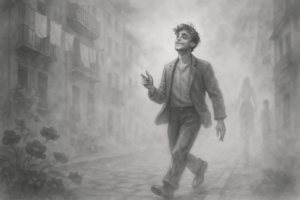 Dibujo blanco y negro un hombre caminando por una calle