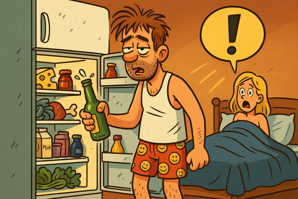 Dibujo tipo comic de un hombre en camiseta y calzoncillos sacando una cerveza de la nevera