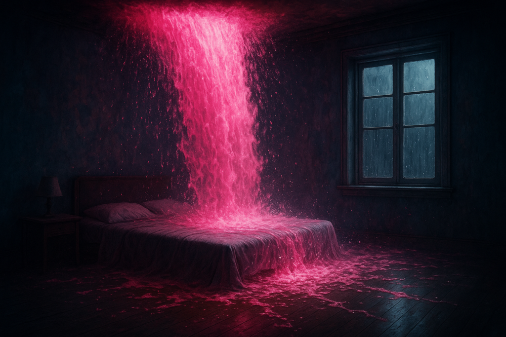 Una cascada de agua rosa cayendo sobre una cama