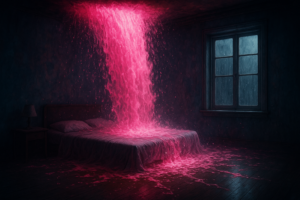 Una cascada de agua rosa cayendo sobre una cama