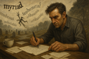 Ilustración, hombre escribiendo a mano