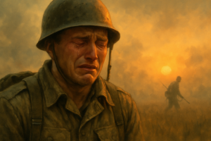 Primer plano de un soldado llorando en el campo de batalla