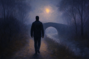 Imagen nocturna silueta de hombre andando al margen de un río