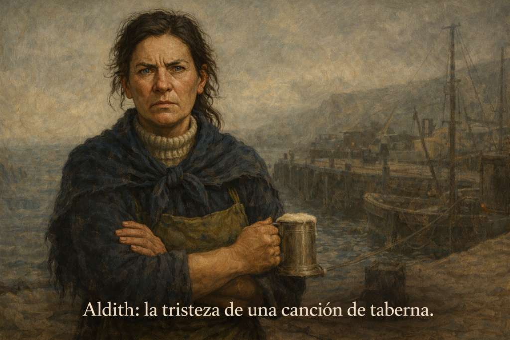 Aldith, habitante de Foula en la novela Dioses Oscuros, una mujer resiliente marcada por la vida en la isla.