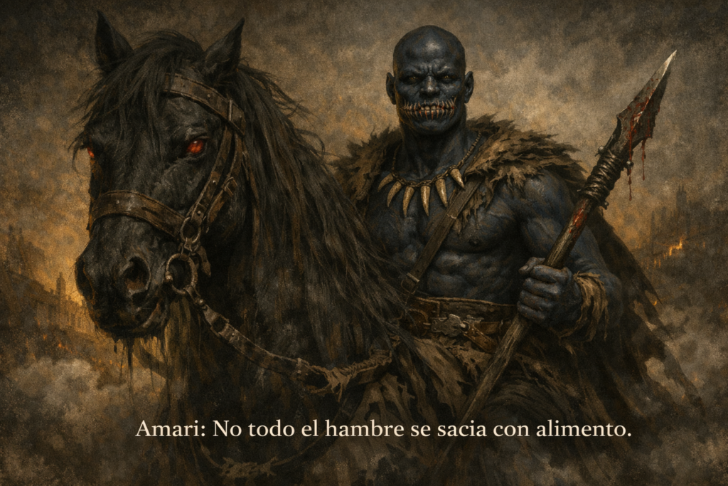 Amarí, encarnación del Hambre en la novela Dioses Oscuros, montado sobre su caballo negro.