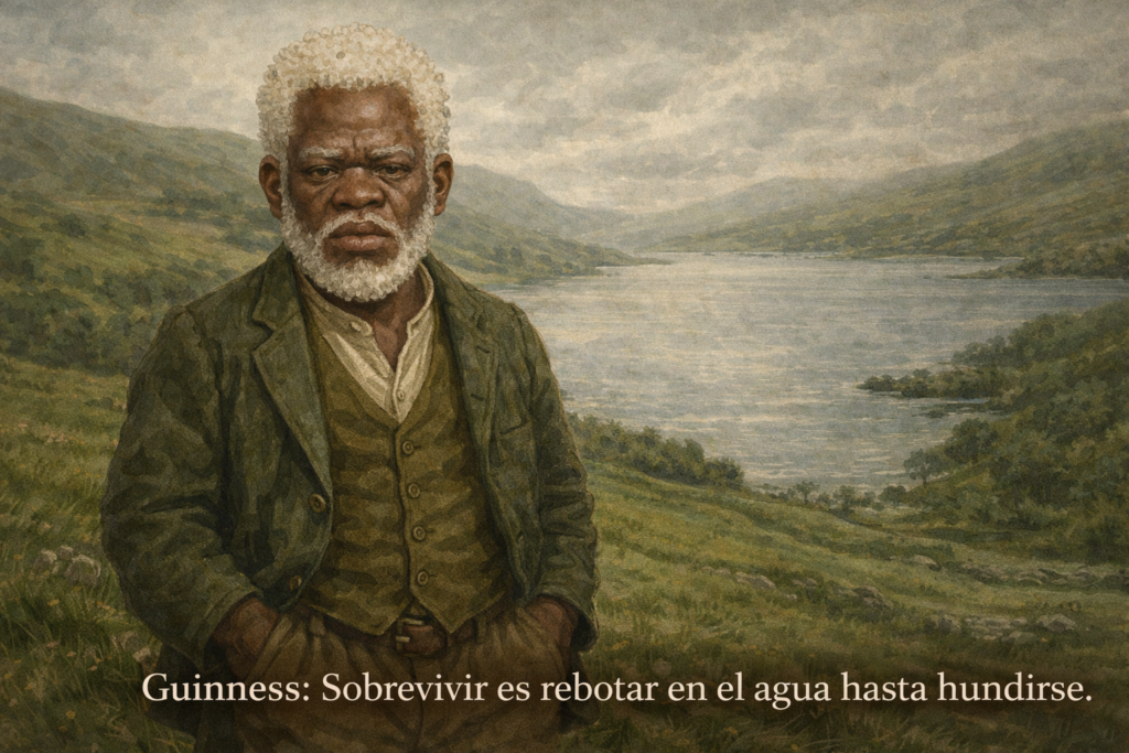 Guinness, enano irlandés albino en la novela Dioses Oscuros, cuyo destino cambia tras tocar una esfera caída del cielo.