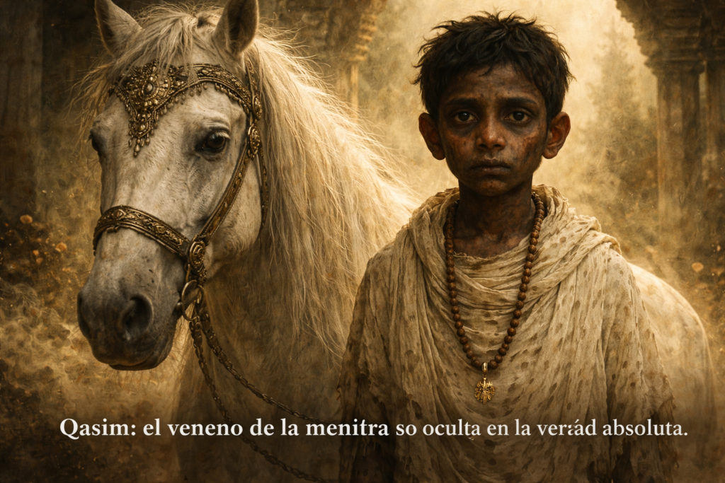 Qasim, encarnación de la Mentira en la novela Dioses Oscuros, un niño resucitado asociado a la fe y la verdad absoluta.