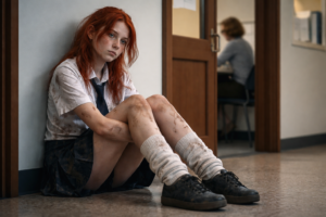 chica vestida de escolar sentada en el suelo en el pasillo de colegio