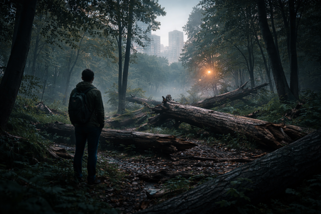 Bosque urbano con árboles caídos y una figura humana escuchando en silencio
