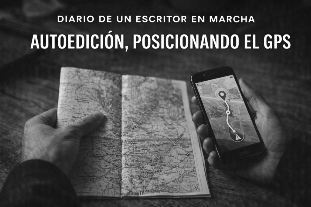 Persona mirando un mapa y un GPS con el texto Diario de un escritor en marcha: autoedición, posicionando el GPS
