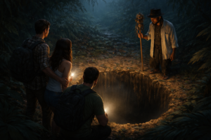 Varias personas en un bosque de noche asomadas a un agujero en el cielo