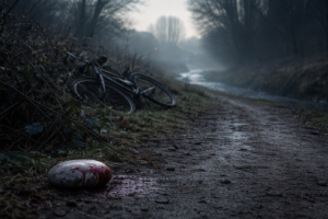 Camino rural con niebla, bicicleta abandonada y una piedra en primer plano en un entorno inquietante de pueblo.
