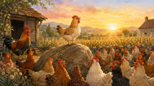 Granja con gallinas y gallo