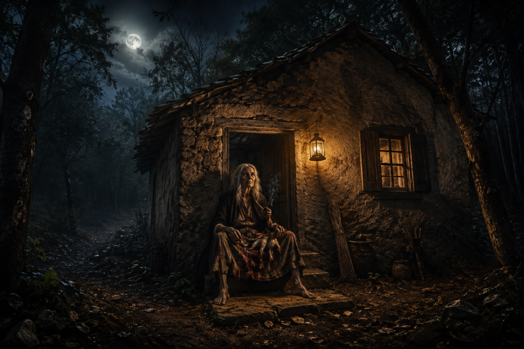 Anciana sentada de noche a la puerta de una casa en el bosque
