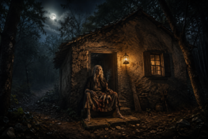 Anciana sentada de noche a la puerta de una casa en el bosque